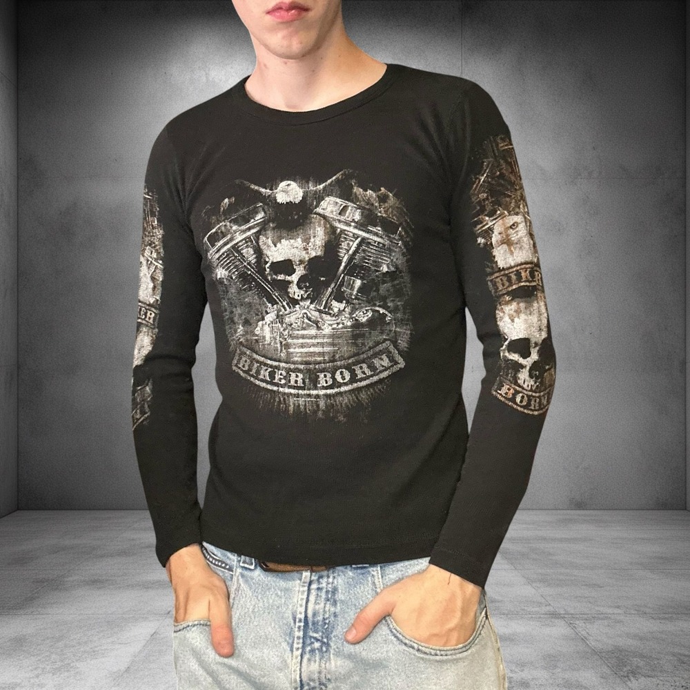 Vintage CH Apparel Biker Born Skull Graphic Thermal Long Sleeve Shirt Black M